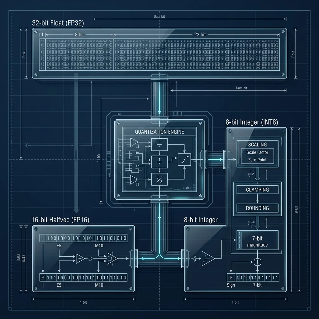 PGVector Scaling 2026 --" 2D Technical diagram showing the quantization pipeline: from 32-bit Float to 16-bit halfvec and 8-bit Integer