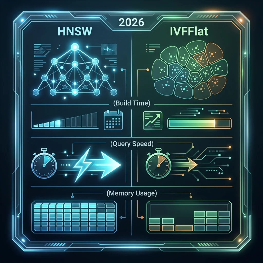 PGVector Scaling 2026 --" 2D High-fidelity comparison of build time, query speed, and memory usage between HNSW and IVFFlat