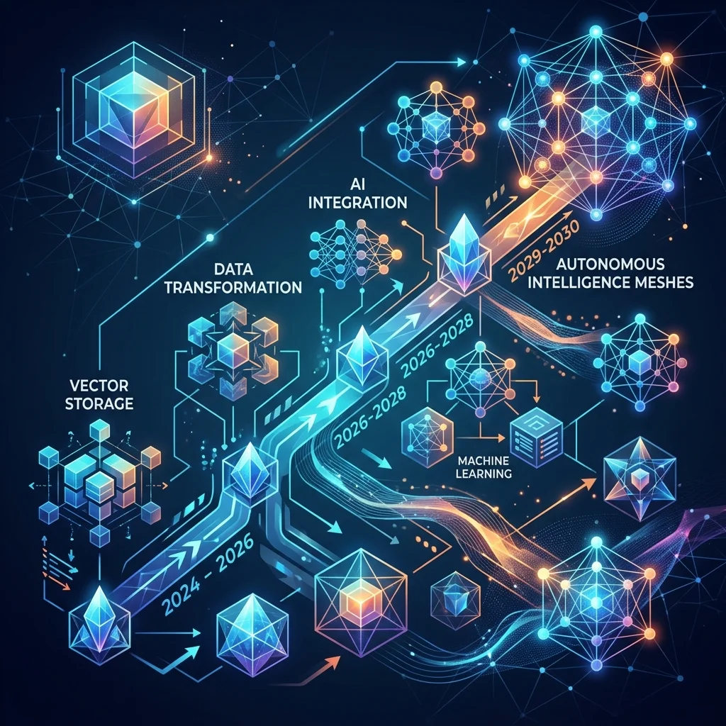 PGVector Scaling 2026 --" 2D Futuristic roadmap infographic mapping the transition from Vector Storage to Autonomous Intelligence Meshes
