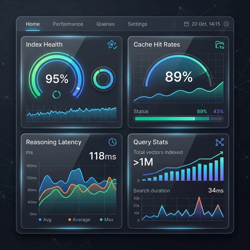 PGVector Scaling 2026 --" 2D Industrial UI visualization of a PGVector monitoring dashboard showing index health and cache hit rates