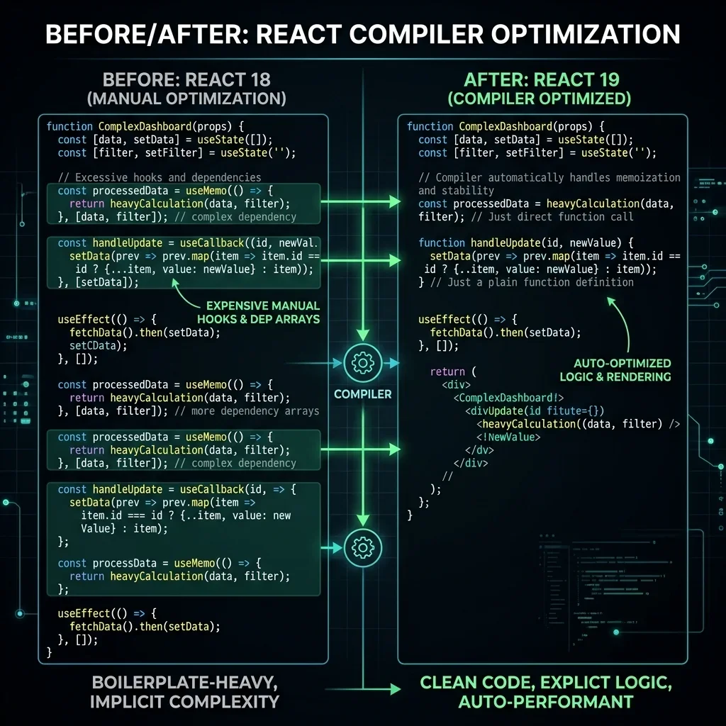 The 'Boilerplate Tax' Elimination. On the left, a standard React 18 component cluttered with manual hooks. On the right, the same component in React 19—clean, readable, and optimized by the compiler at build-time. Before/After Comparison — Manual useMemo Boilerplate vs. Clean Compiler-ready Code — High-Contrast Code Delta