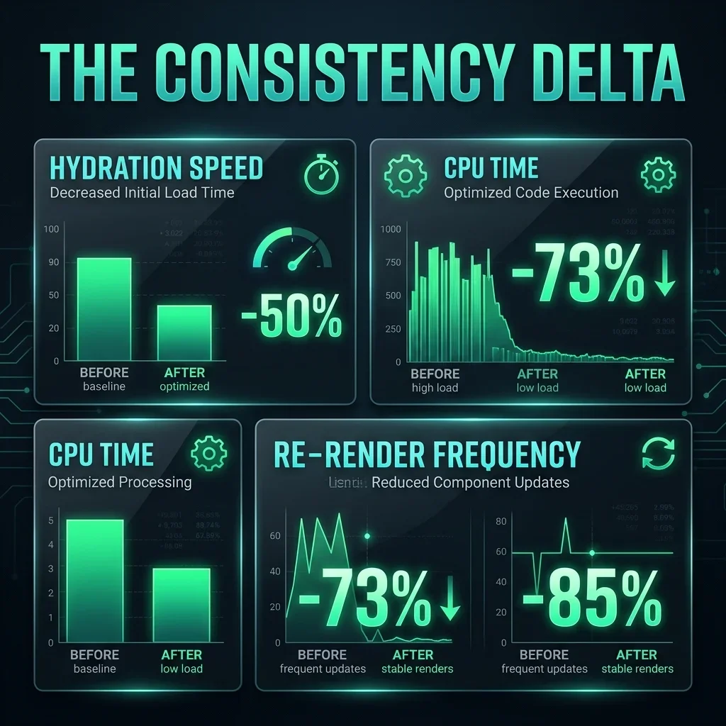 The 'Consistency Delta'. Visualizing the massive performance gains achieved by moving from inconsistent manual optimization to compiler-enforced efficiency. Hydration Delta Infographic — Performance Benchmarks: Manual vs. Compiled React 19 — High-Authority Data Visualization