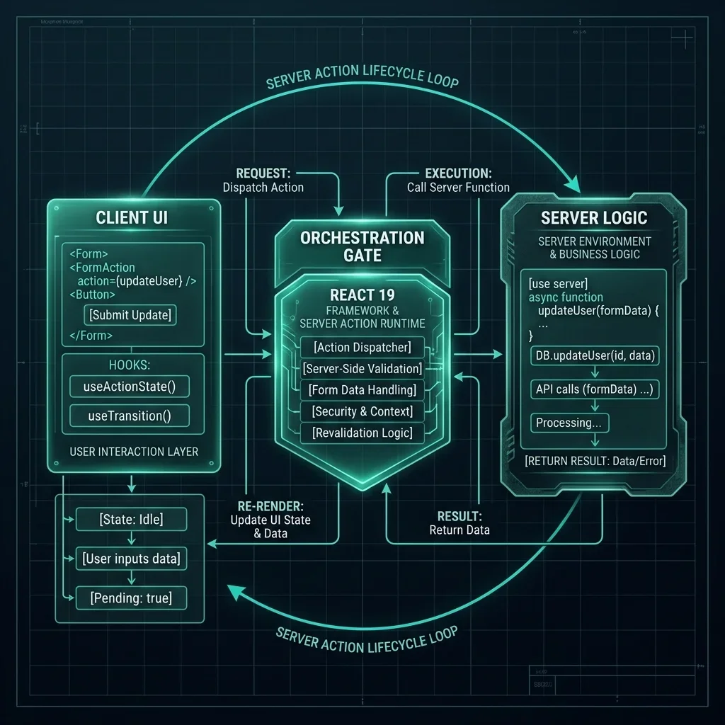 The 'API-less' Architecture. Direct invocation of server logic from the UI layer, eliminating the need for a separate REST/GraphQL orchestration layer for simple data mutations. Server Action Lifecycle — Request -> Execution -> Response Flow — Technical Blueprint