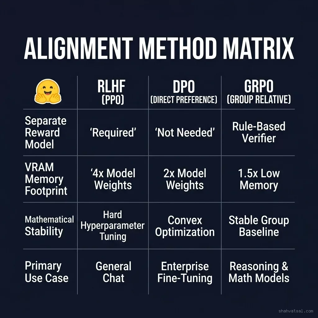 RLHF vs DPO vs GRPO Alignment Method Matrix Diagram
