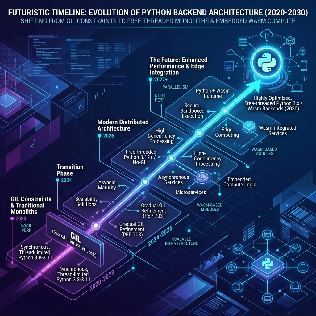 Python AI Orchestration 2026 --" 2D vector timeline illustrating Python's trajectory towards No-GIL implementations by 2030