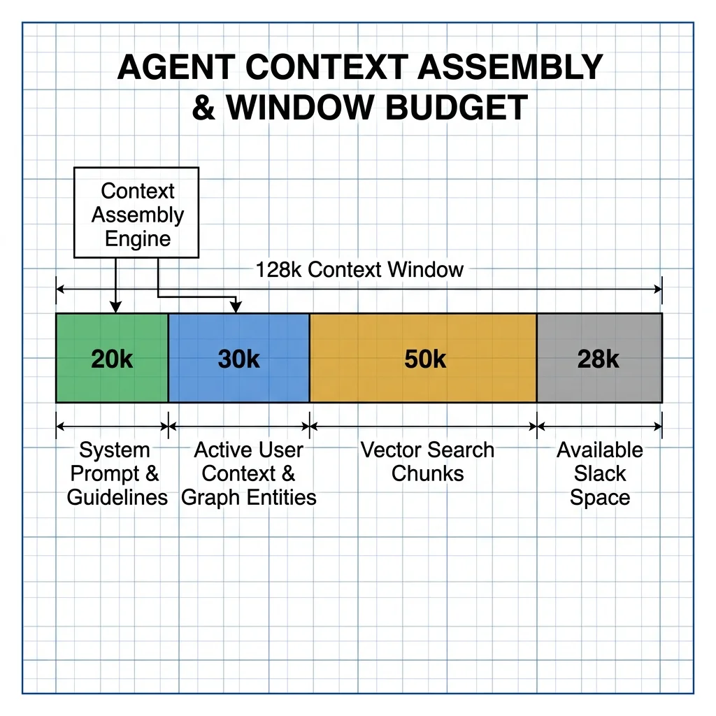 Vercel eve Agent Context Assembly — Dynamic context allocation showing the partition of the 128k context window into system guidelines, active graph nodes, retrieved vector chunks, and conversation history. Vercel 2026