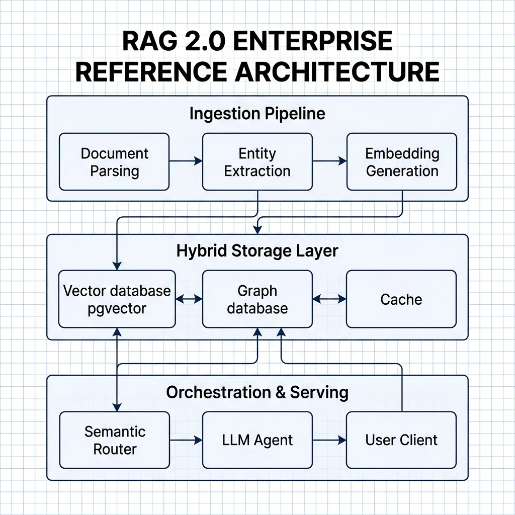 RAG 2.0 Enterprise Reference Architecture — Visualizing the ingestion pipeline, the hybrid storage layer combining vector database, graph database, and semantic caches, and the orchestration layer managing queries. Vercel 2026