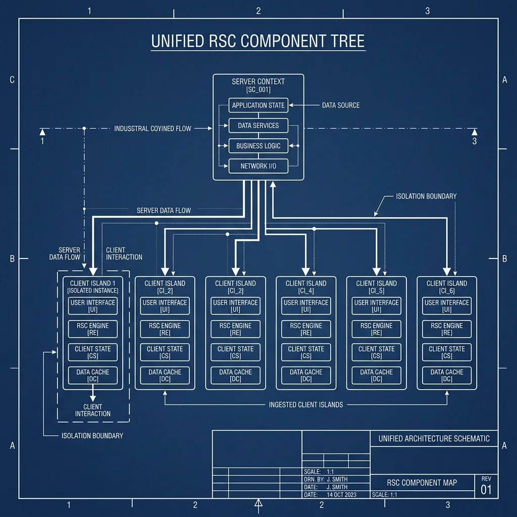 Industrial Diagram: The Unified RSC Component Tree (Server Context -> Ingested Client Islands)