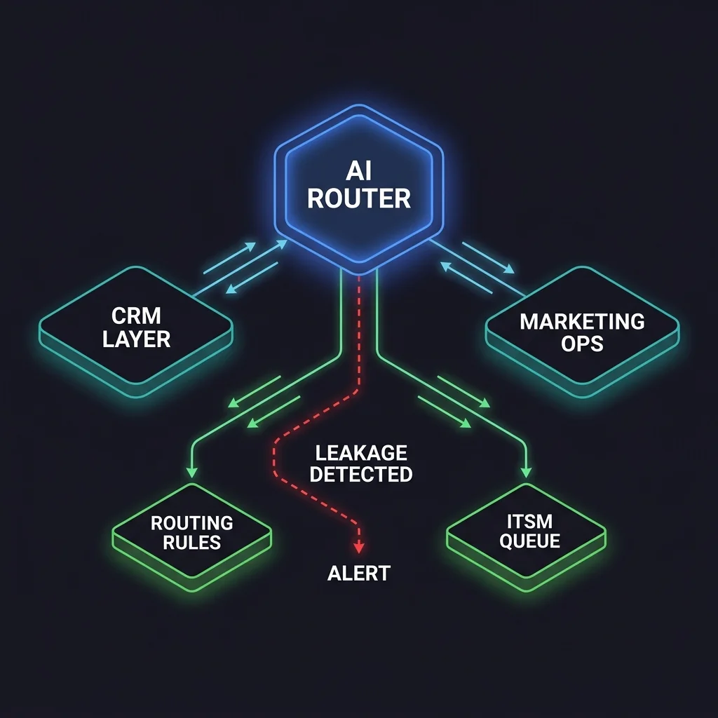 The AI-governed RevOps orchestration architecture: AI Router at center connecting CRM Layer and Marketing Ops inputs to Routing Rules and ITSM Queue outputs, with pipeline leakage detection triggering automated alerts