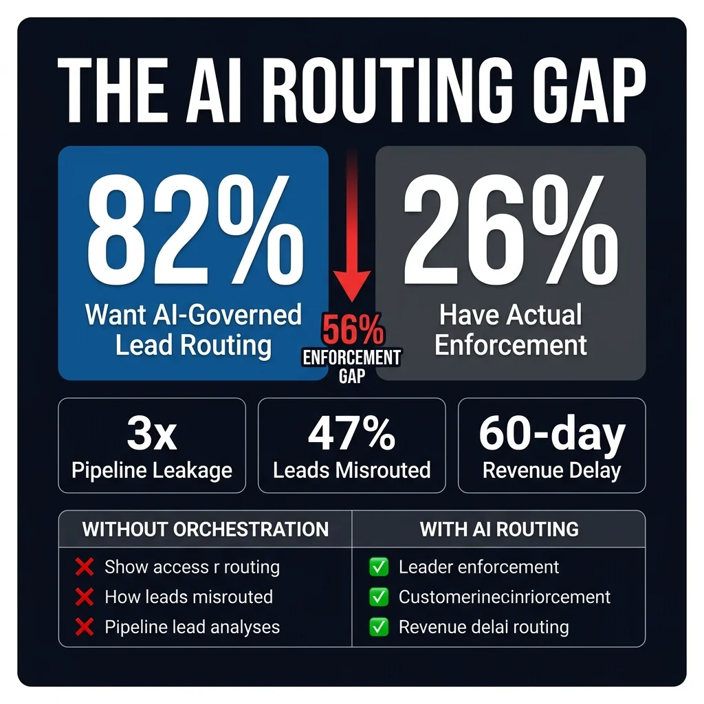 The 56-point AI routing enforcement gap: 82% of RevOps leaders want AI-governed routing while only 26% have actual enforcement - with pipeline consequences including 3x leakage, 47% misrouting rate, and 60-day revenue delay
