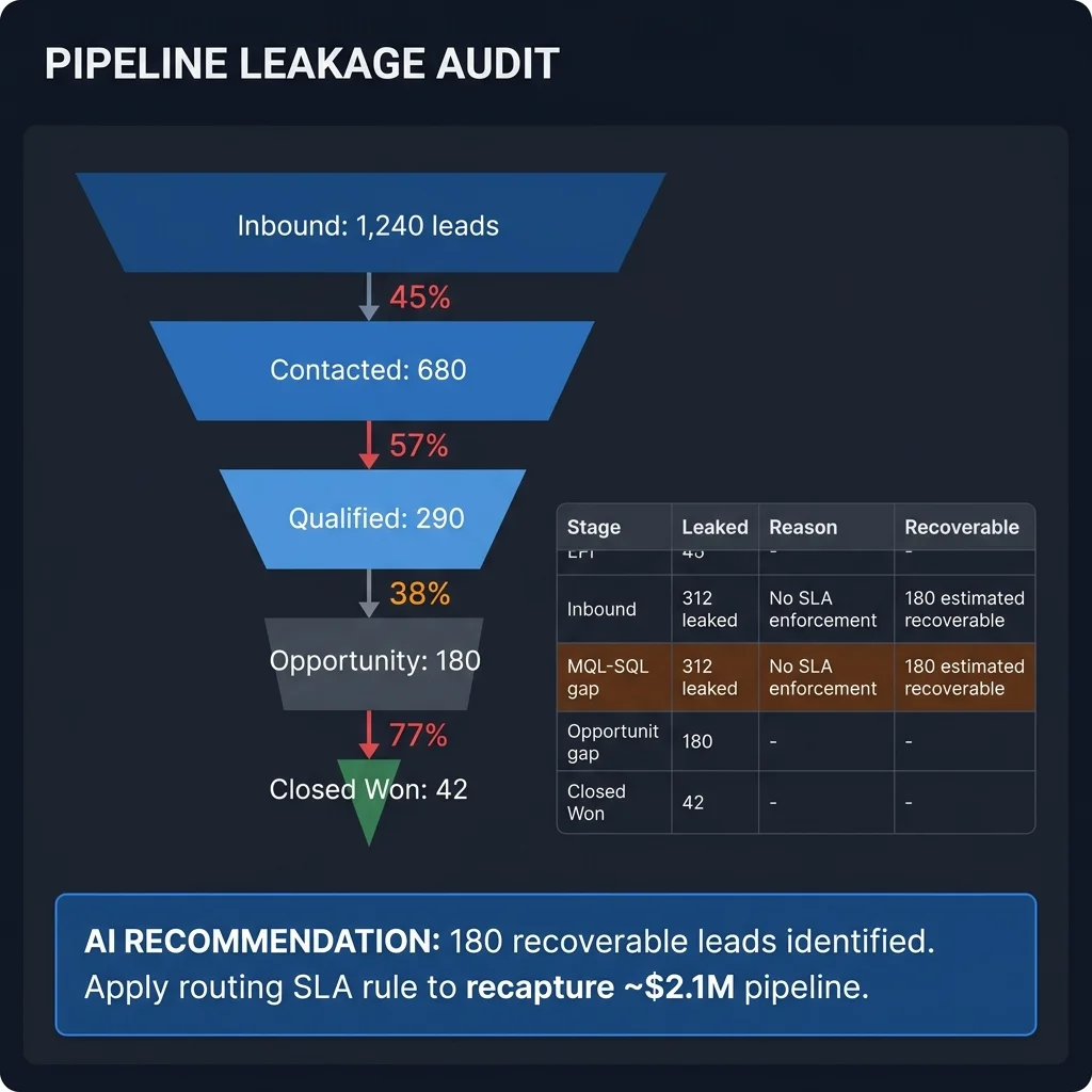 The pipeline leakage audit panel showing a five-stage funnel with cumulative drop rates from 1,240 inbound leads to 42 closed-won, with an AI recommendation identifying 180 recoverable leads worth $2.1M in pipeline from routing SLA failures