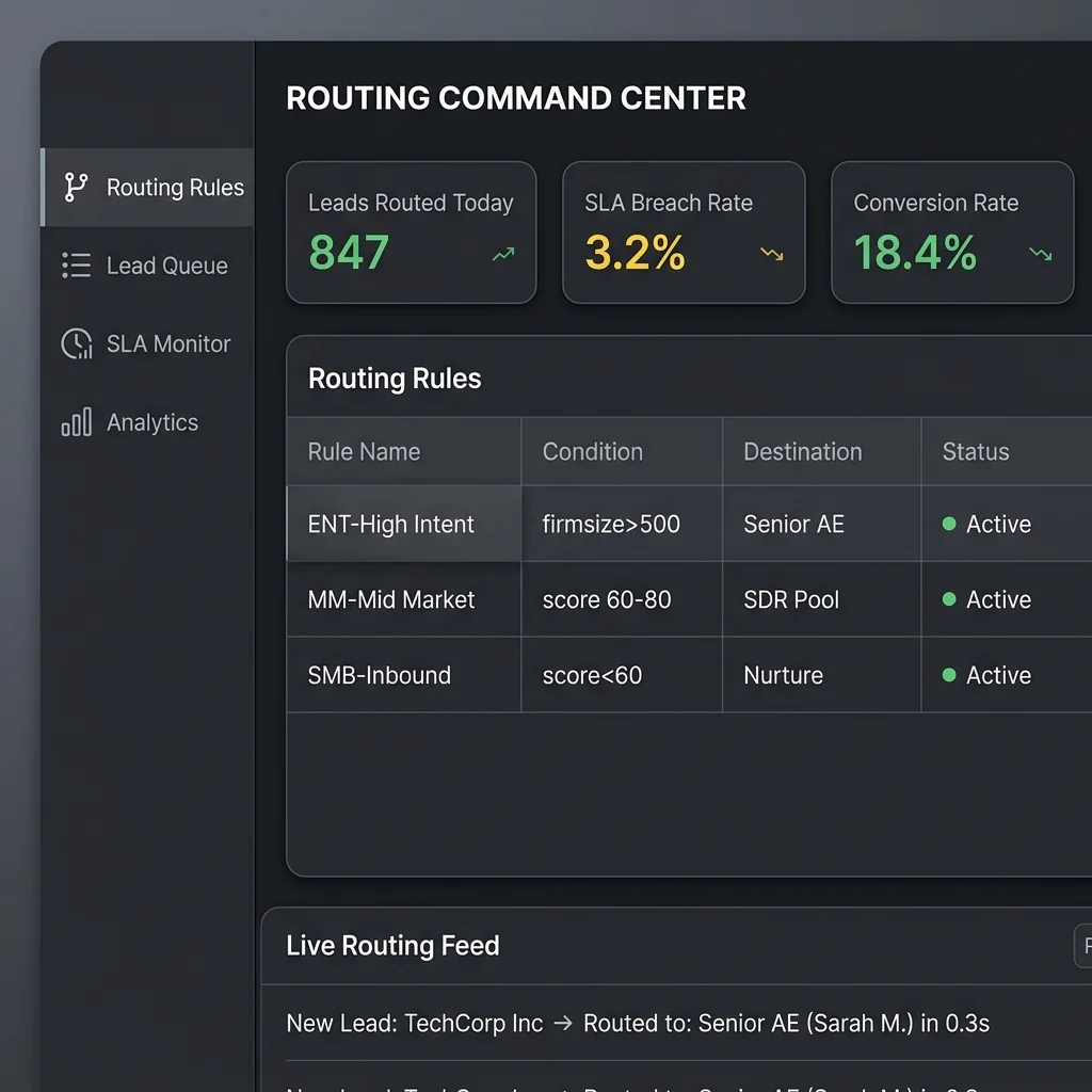 The routing command center dashboard showing real-time lead routing performance: 847 leads routed, 3.2% SLA breach rate, 18.4% conversion rate, with active routing rules table and live routing feed