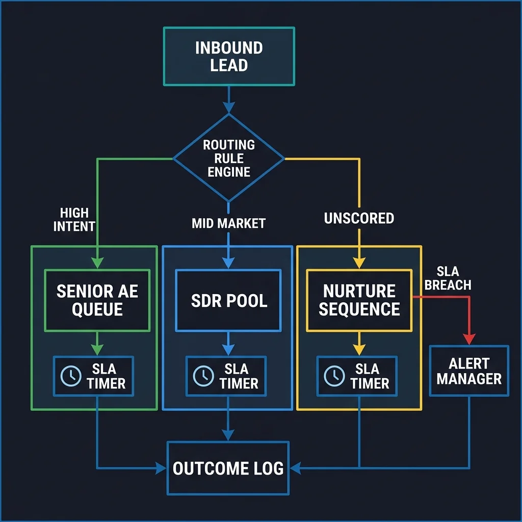 The lead routing workflow with three-path decision logic: high-intent leads to senior AE queue, mid-market to SDR pool, unscored to nurture sequence - with SLA timers on each path and breach escalation to alert manager