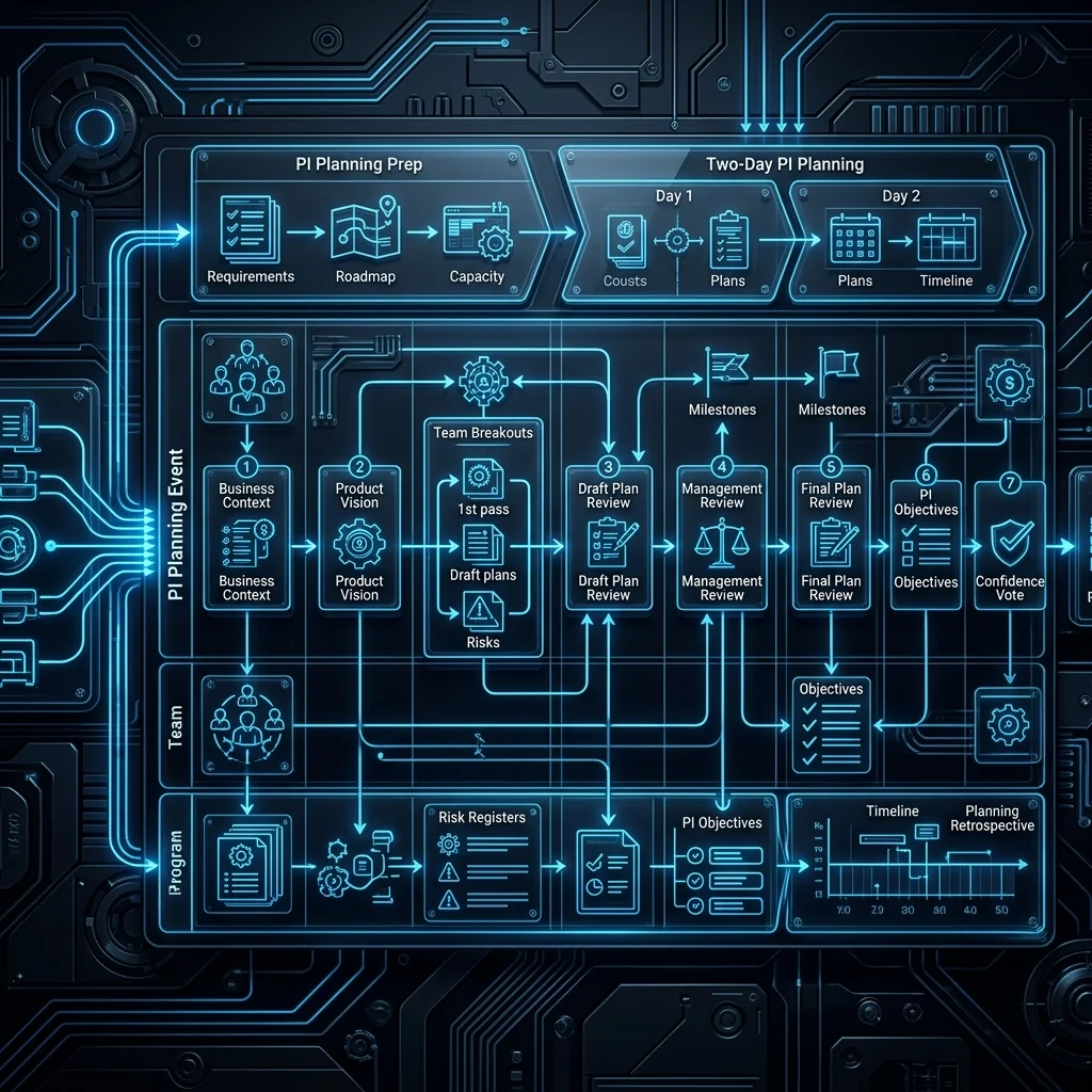 SAFe 6.0 Complete Guide --" 2D technical sequence diagram showing Interaction between Business Owners, RTE, Teams, and Product Managers for PI Planning