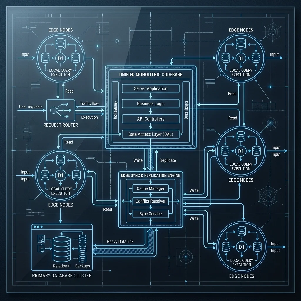 Data Localism: Architecting Low-Latency Persistence for Global Edge Monoliths The Death of Legacy Microservices --" 2D Logic flow for Edge Database (D1/Turso) integration with the monolithic codebase