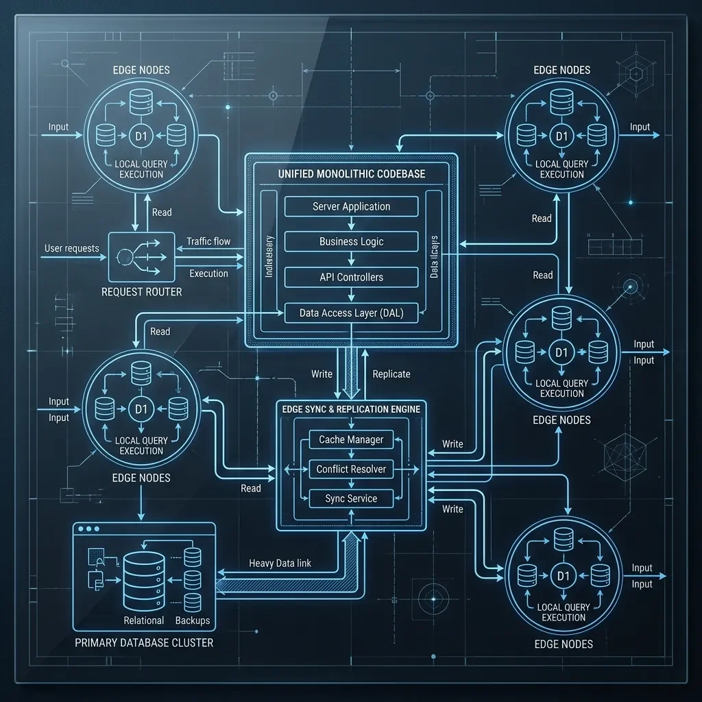 Data Localism: Architecting Low-Latency Persistence for Global Edge Monoliths The Death of Legacy Microservices --" 2D Logic flow for Edge Database (D1/Turso) integration with the monolithic codebase