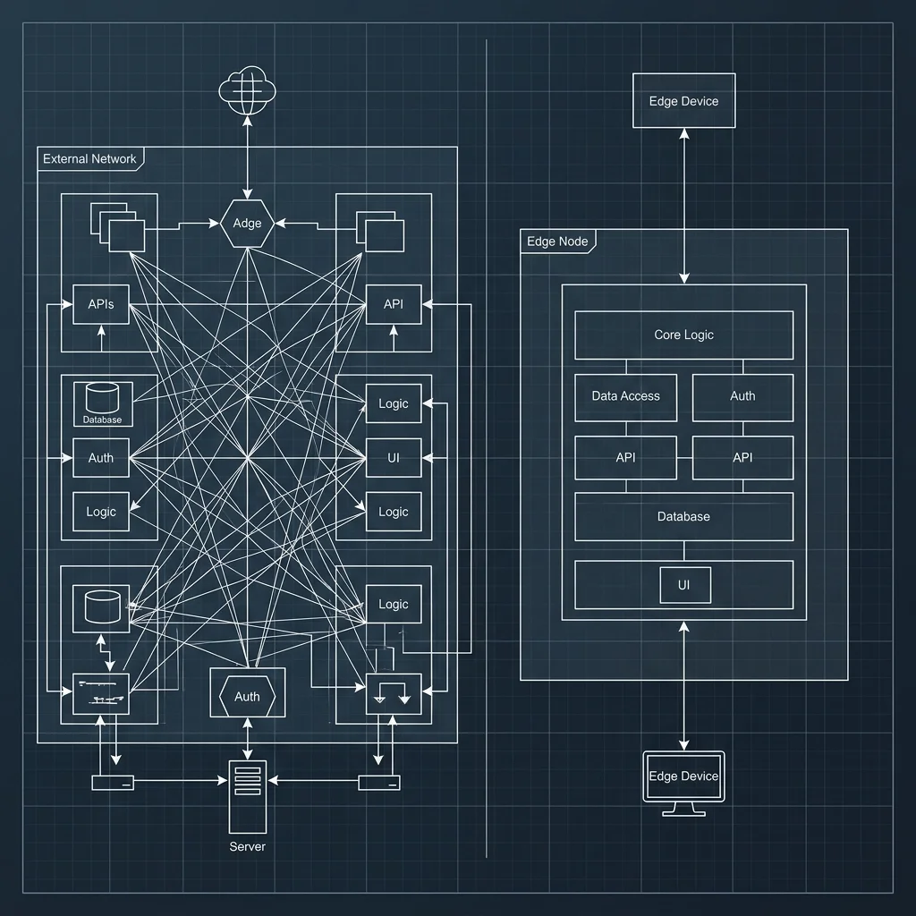 Sovereign Unity: Fragmented Microservices vs. The Unified Edge Monolith The Death of Legacy Microservices --" 2D Architectural comparison: Distributed Mesh vs. Unified Edge Worker