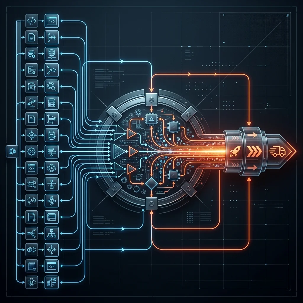 Consolidated Velocity: Eliminating Deployment Friction through Unified Pipeline Mastery The Death of Legacy Microservices --" 2D Logic flow for the consolidation of multiple deployment pipelines into a single high-velocity stream