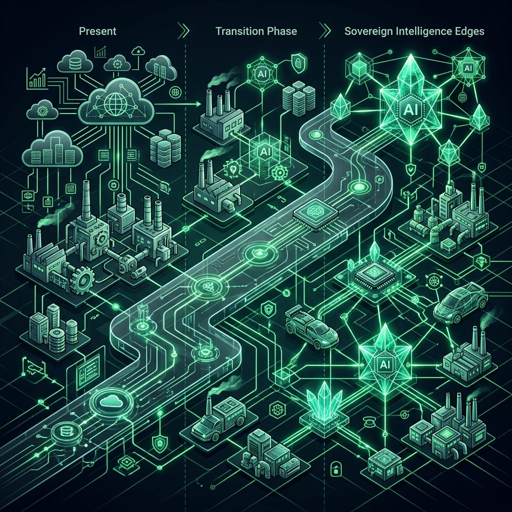 The Horizon: The Future of Unified Global Architecture and Autonomous Edges The Death of Legacy Microservices --" 2D professional technical roadmap infographic mapping the transition from '2025: Backend Fragmentation' to '2030: Sovereign Intelligence Edges'