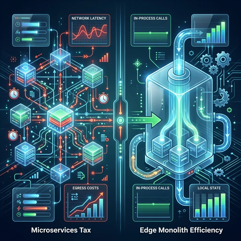 The Efficiency Curve: Benchmarking Architectural Re-bundling Results The Death of Legacy Microservices --" 2D Data visual quantifying the Cost and Latency 'Tax' of microservices vs. Edge Monoliths