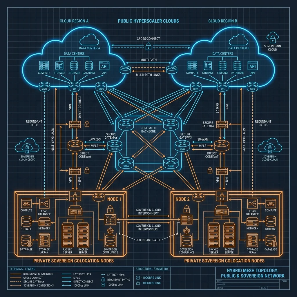 Operational Connectivity: Bridging Public Elasticity and Private Control Sovereign Architecture 2026 --" 2D Technical Blueprint mapping the topology of Public Cloud + Private Colocation