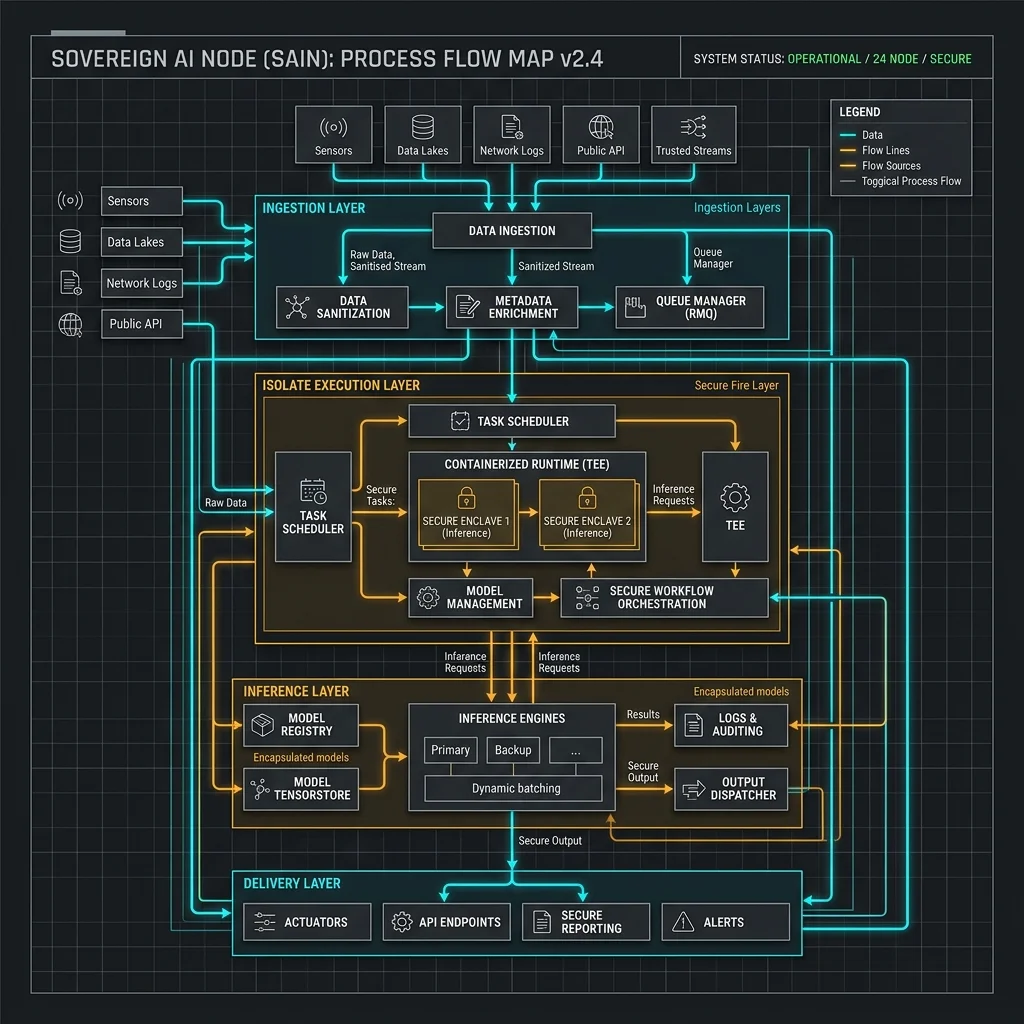 Atomic Sovereignty: The Multi-layered Internal Logic of a SAIN Node Sovereign Architecture 2026 --" 2D Logic Flow of a Sovereign AI Node (Ingestion -> Isolate -> Inference)