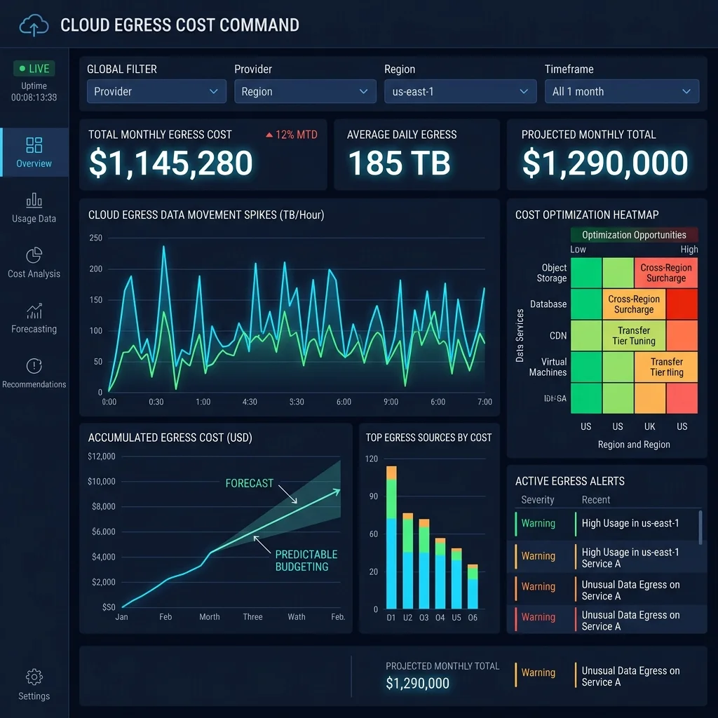 Economic Telemetry: Visualizing the Friction of Data Movement Sovereign Architecture 2026 --" 2D Industrial UI dashboard showing real-time egress cost forecasting