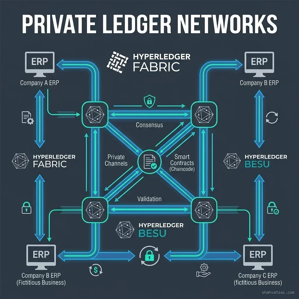 Network Architecture: Defining the Communication Channels and Peer Relationships Private Ledger Networks -- 2D technical diagram showcasing private nodes, consensus boundaries, and secure enterprise integration channels