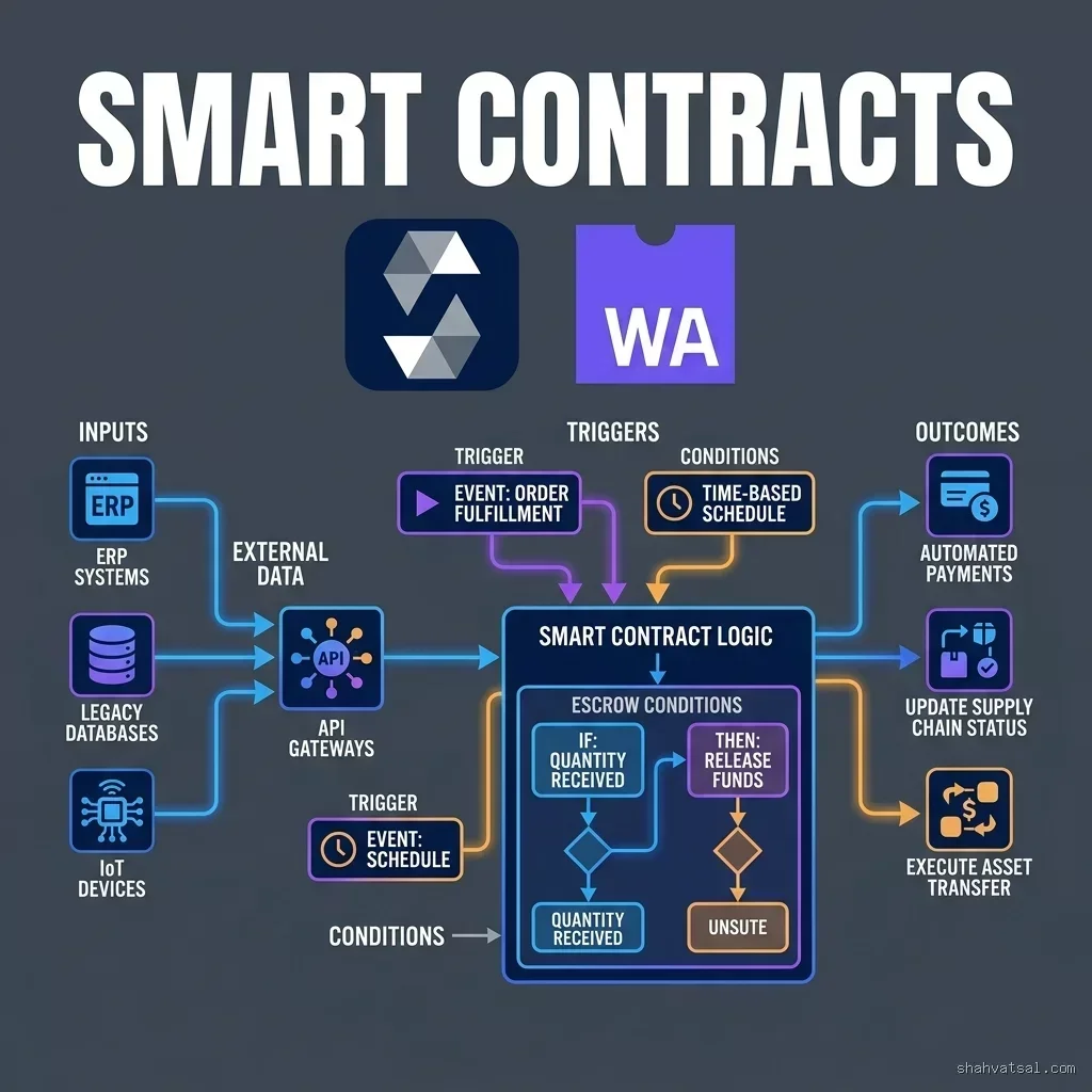 Automation Architecture: Structuring Smart Contract Logic and API Gateways Smart Contracts -- 2D schematic outlining transactional triggers, escrow logic, and API hooks