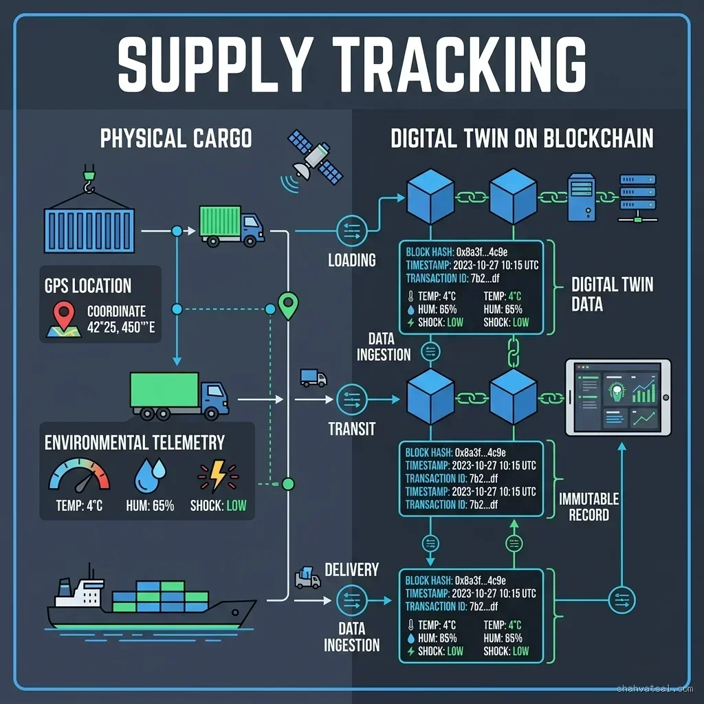 Traceability Logic: Cryptographic Mapping of Assets from Transit to Storage Supply Tracking -- 2D logical infographic mapping transaction logs, block hashes, and physical assets to digital states