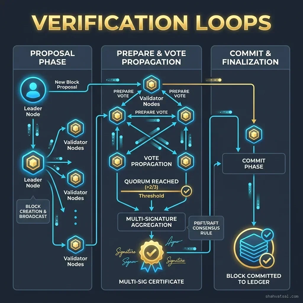 Consensus Verification: Step-by-Step Multi-Signature Validation Pipeline Verification Loops -- 2D industrial logic flowchart detailing transaction validation, signature loops, and block writing steps
