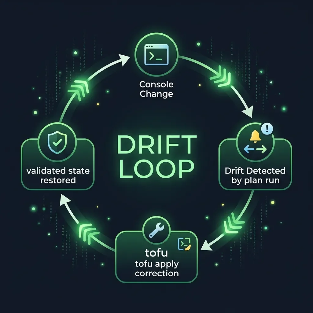Remediation loop diagram from console change to tofu apply correction
