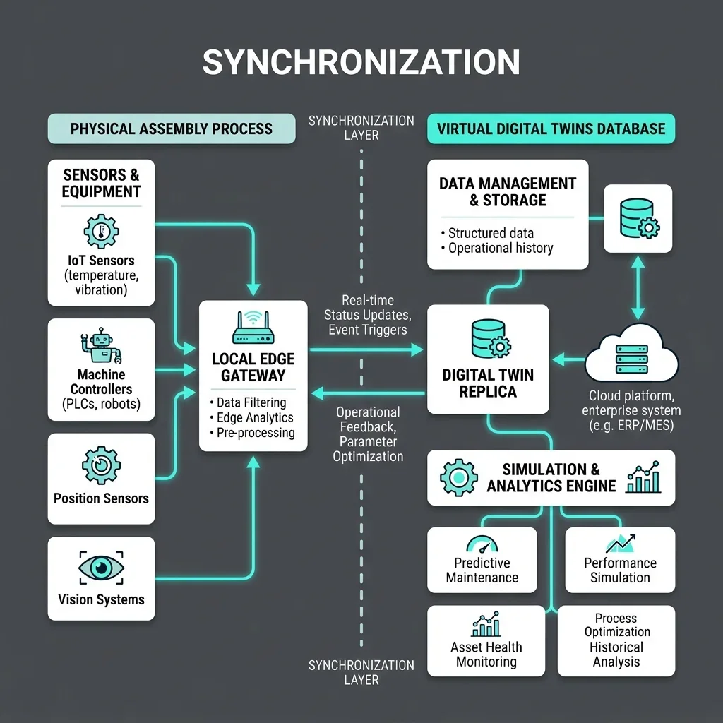 System data flow from physical sensors through digital twin to agent execution loops