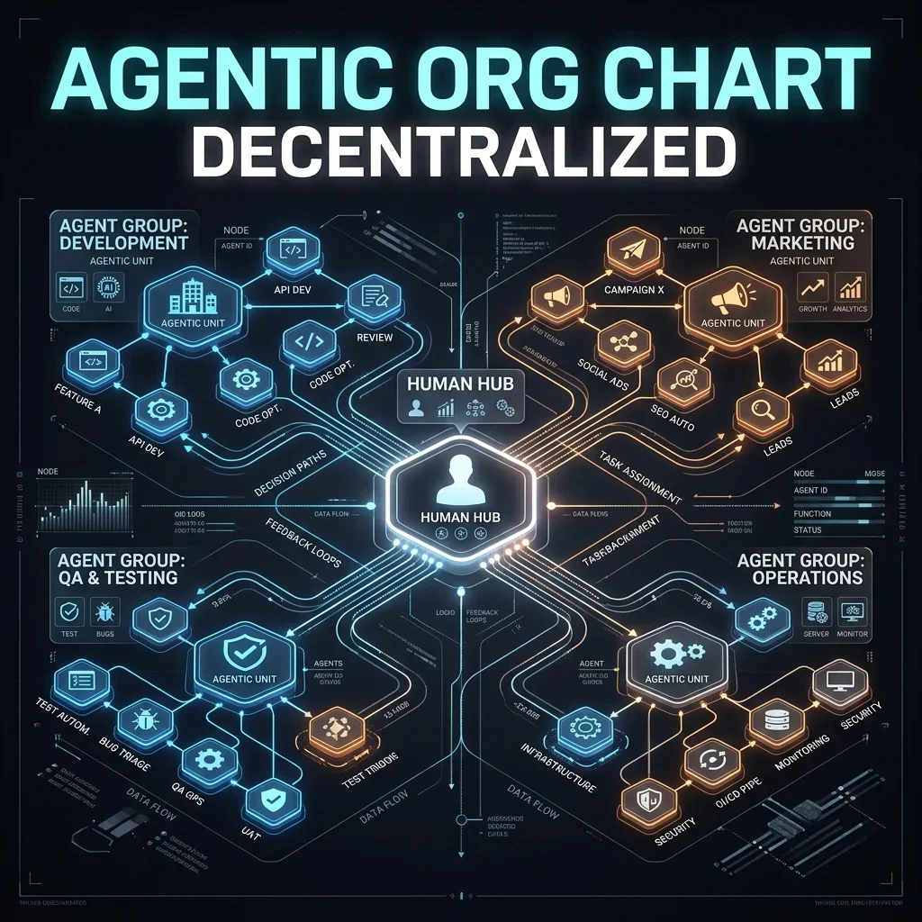 Sovereign Blueprint 1: Decentralized Agentic Org Chart showcasing the central human hub coordinating specialized agent clusters Decentralized Agentic Org Chart