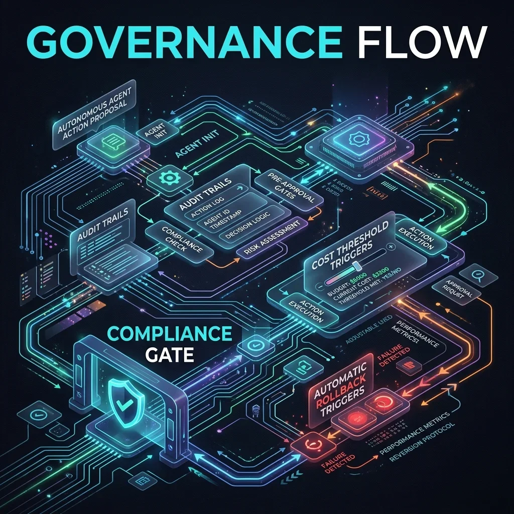 Sovereign Blueprint 3: Governance Flow for autonomous agent actions detailing approval gates and automatic rollback triggers Governance Flow