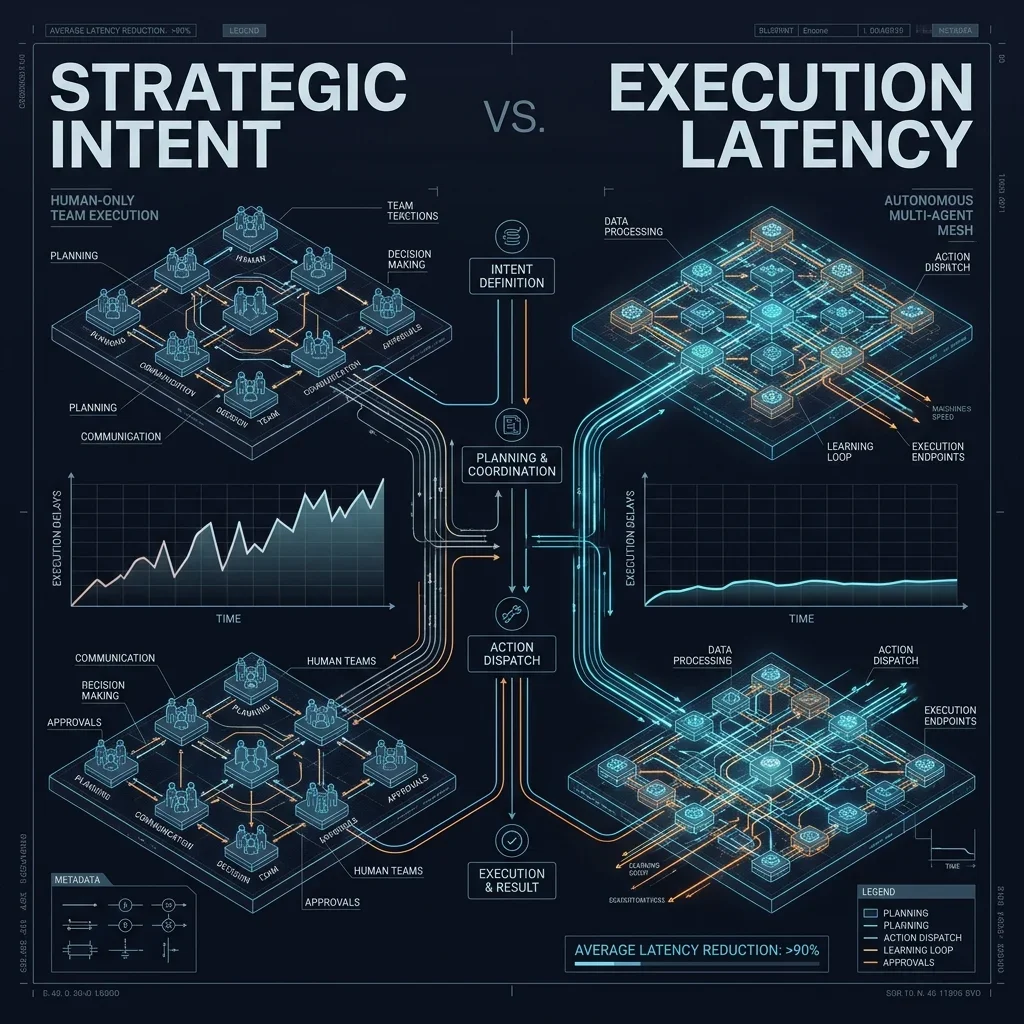 Sovereign Blueprint 4: Graph illustrating the collapse of execution latency when transitioning from human teams to autonomous agent meshes Strategic Intent vs Execution Latency Graph