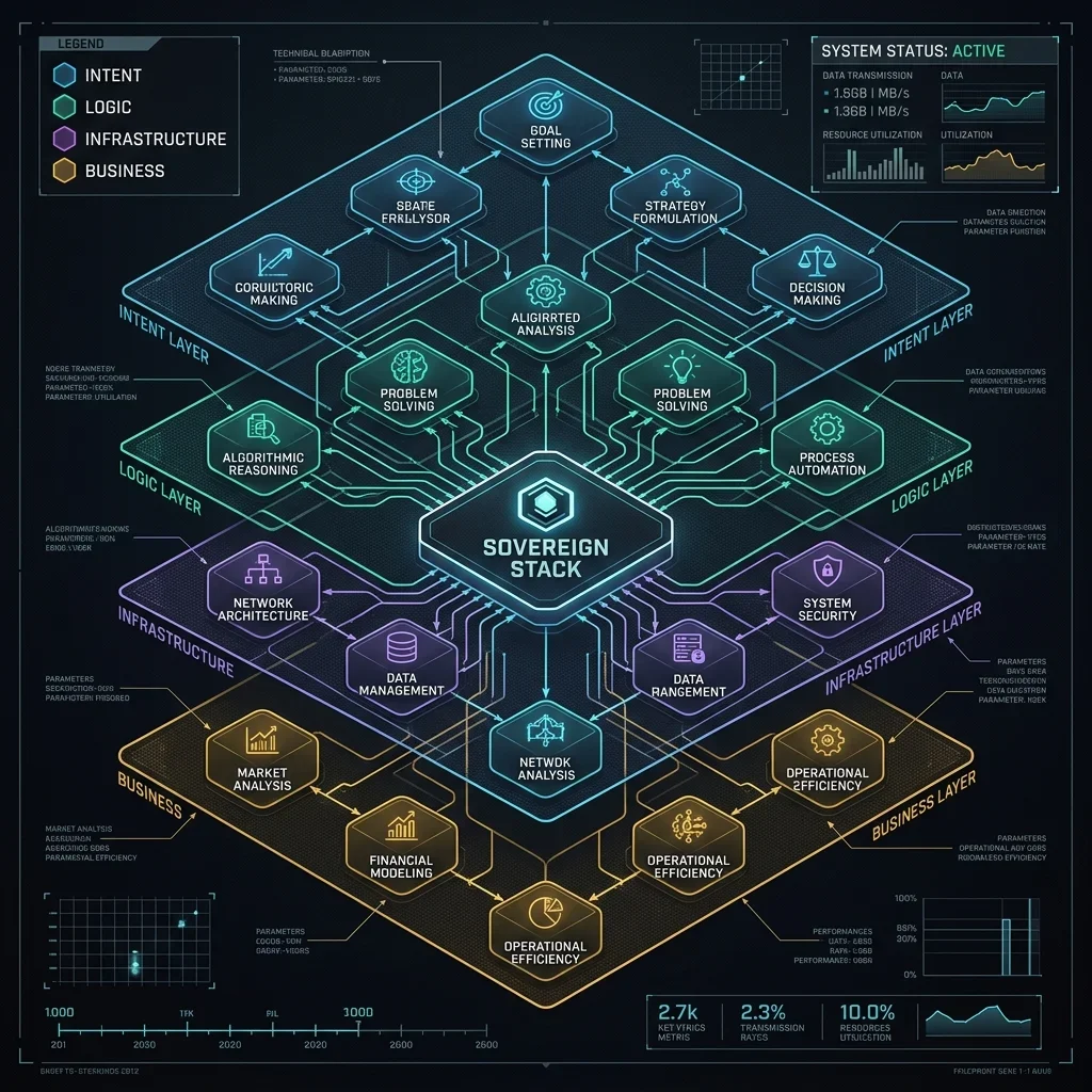 The Sovereign Skill Stack diagram showing how Strategic Intent, Orchestration, Architecture, and Governance sit atop the commoditized code layer. The Sovereign Skill Stack