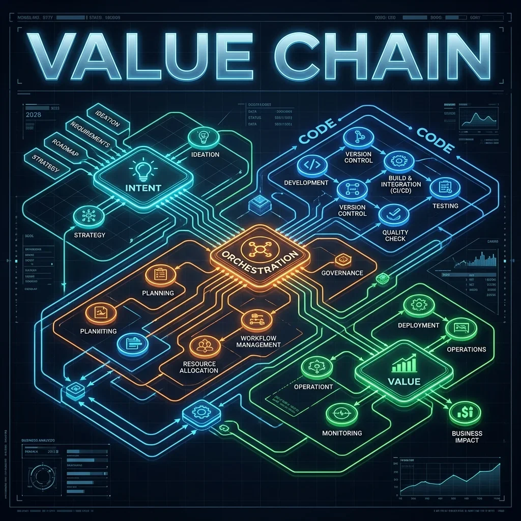 The Modern Engineering Value Chain showing how Human Strategic Intent is translated by AI Orchestration into code, resulting in validated Business Value. Value Chain: Intent to Value