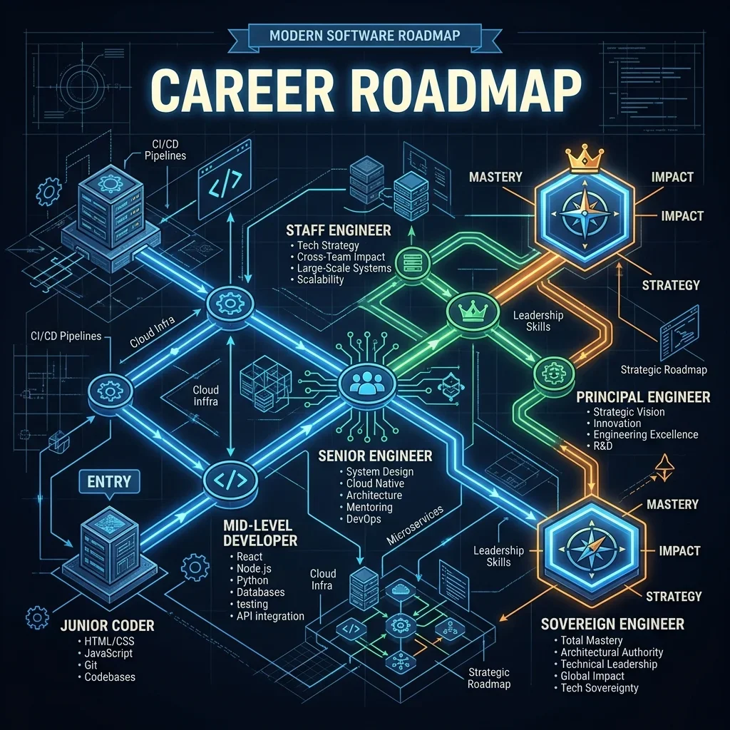 The career roadmap showing the transition from a traditional junior coder to a Sovereign Engineer by focusing on business domain expertise and system architecture. Career Roadmap: Junior to Sovereign
