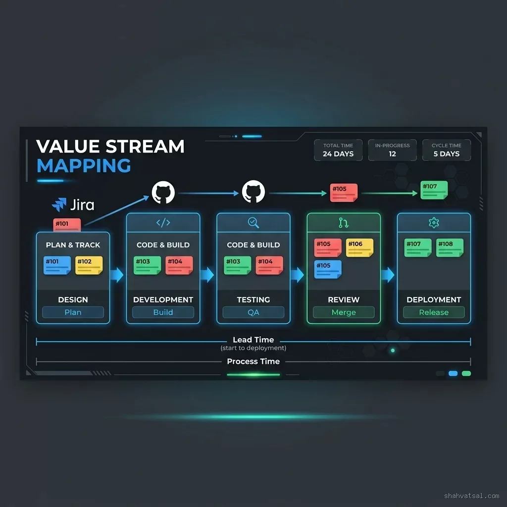 Value Stream Mapping: A timeline view of software delivery comparing active processing time to passive wait states Value Stream Mapping Banner