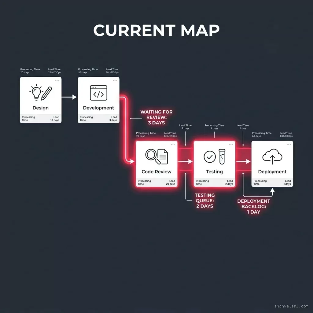 Current State Value Stream Map showing high-friction handoffs, bottleneck queues, and extended wait states VSM Current State Map