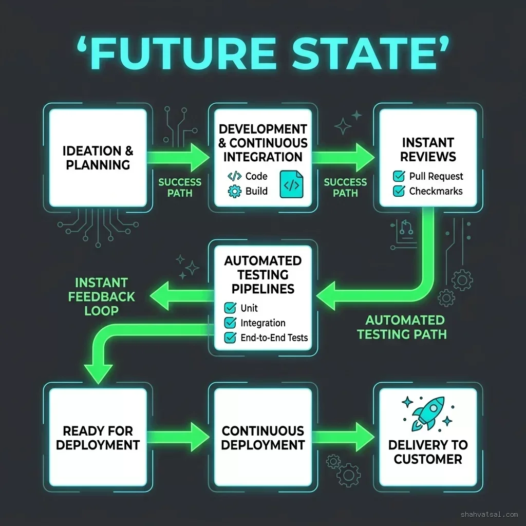 Future State Value Stream Map showing optimized flow, automated verification gates, and reduced wait states Future State VSM Design
