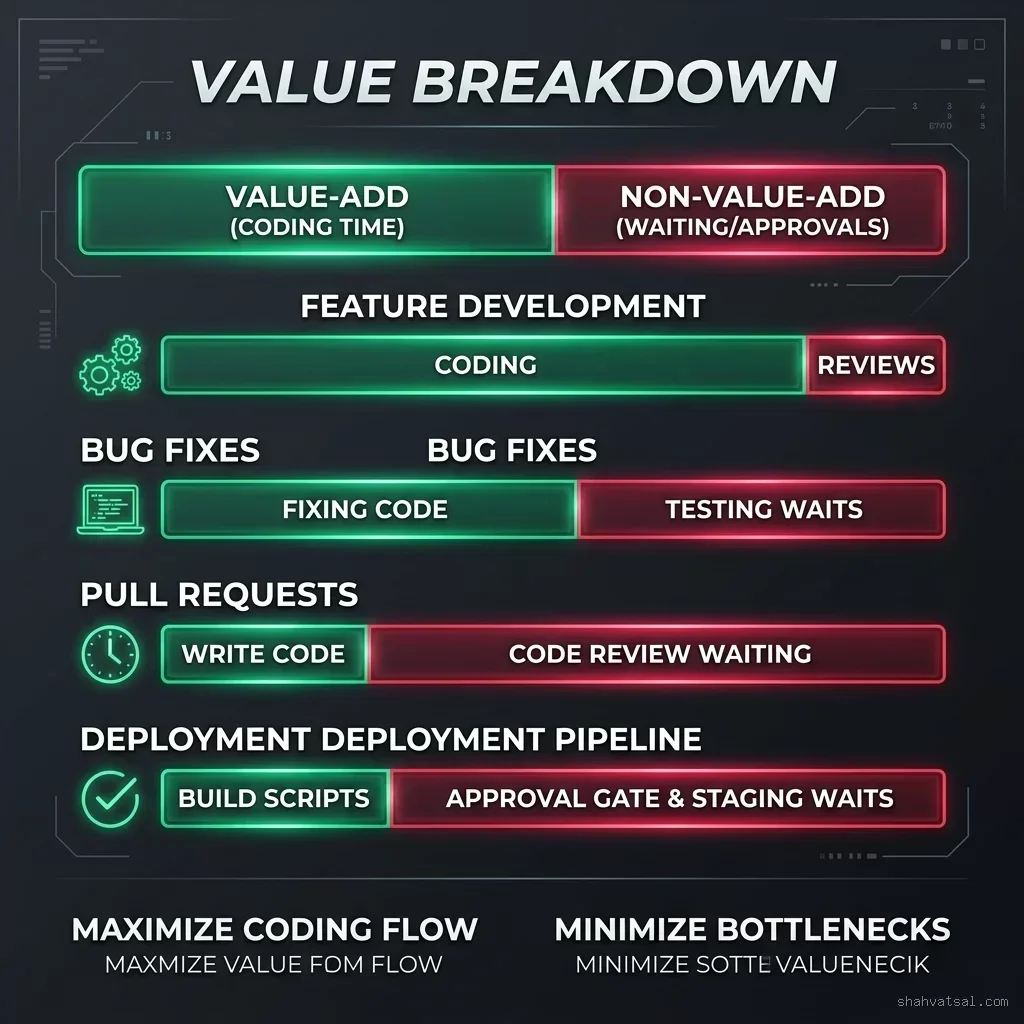 Value-Add vs Non-Value-Add Breakdown: Contrasiting active engineering work against idle queue delays Value-Add vs Non-Value-Add Breakdown