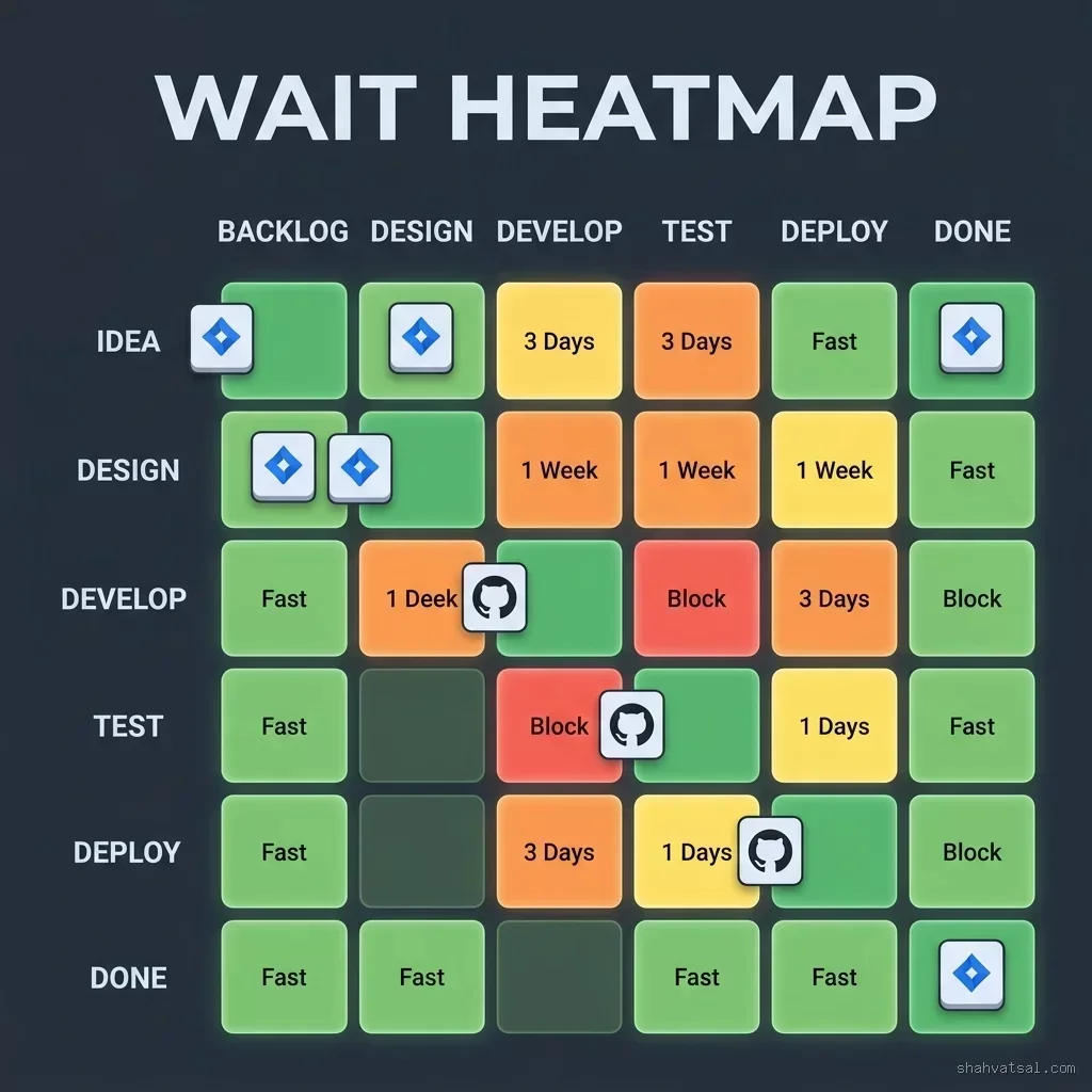 Wait Time Heatmap: Highlighting major delays at handoff boundaries and environment gates Wait Time Heatmap