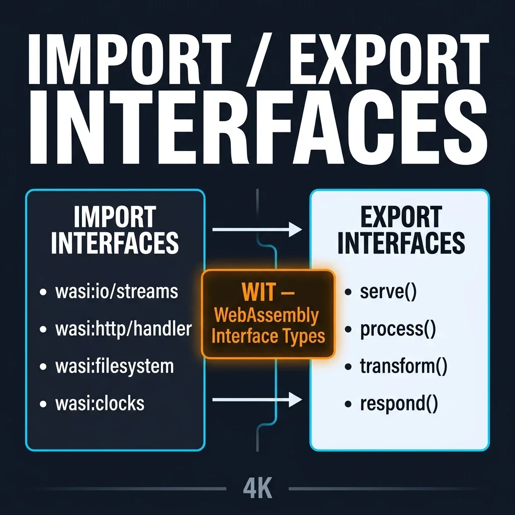 Import and Export Interfaces — Diagram showing WIT import and export interface definitions with wasi:http, wasi:keyvalue flowing into component boundary, and serve, process, transform, respond functions flowing out
