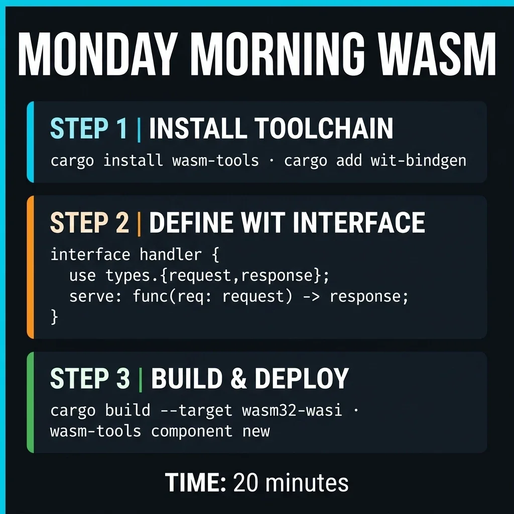 Monday Morning WASM Steps — Three-step diagram: Install toolchain, Define WIT interface, Build and deploy, with actual commands shown