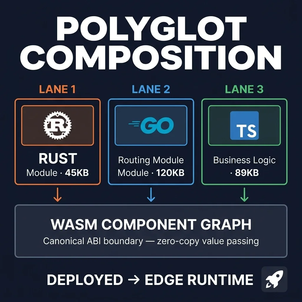 Polyglot Composition Diagram — Rust auth module, Go routing module, TypeScript business logic module merging through Wasm Component Graph into a single edge runtime deployment