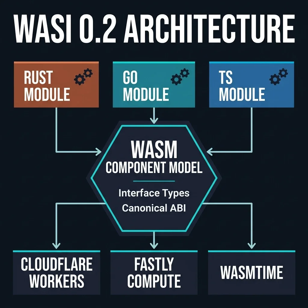 WASI 0.2 Architecture — Clean diagram showing Rust, Go, and TypeScript modules composing through the WebAssembly Component Model into edge runtimes like Cloudflare Workers and Fastly Compute