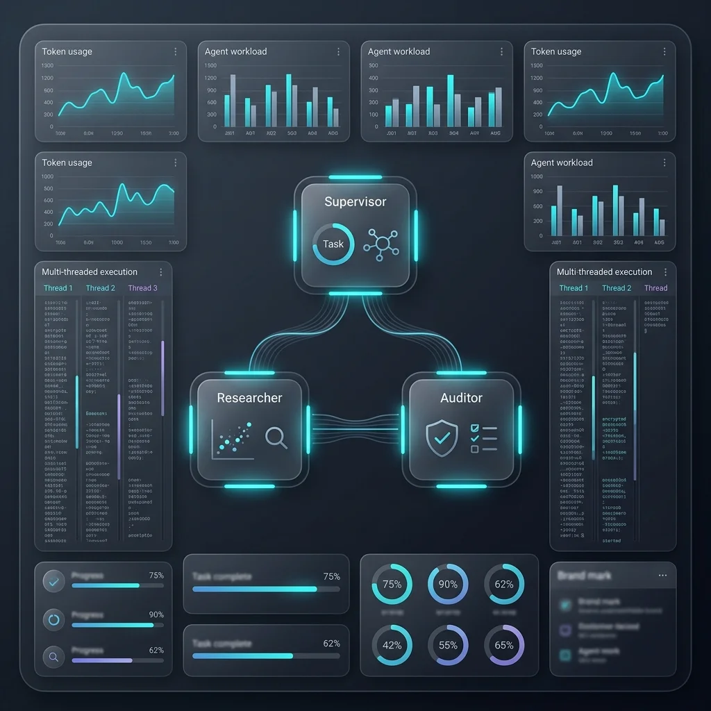 ai agents architecture orchestration - 2D colorful monitor portal showing real-time agent execution and task queue