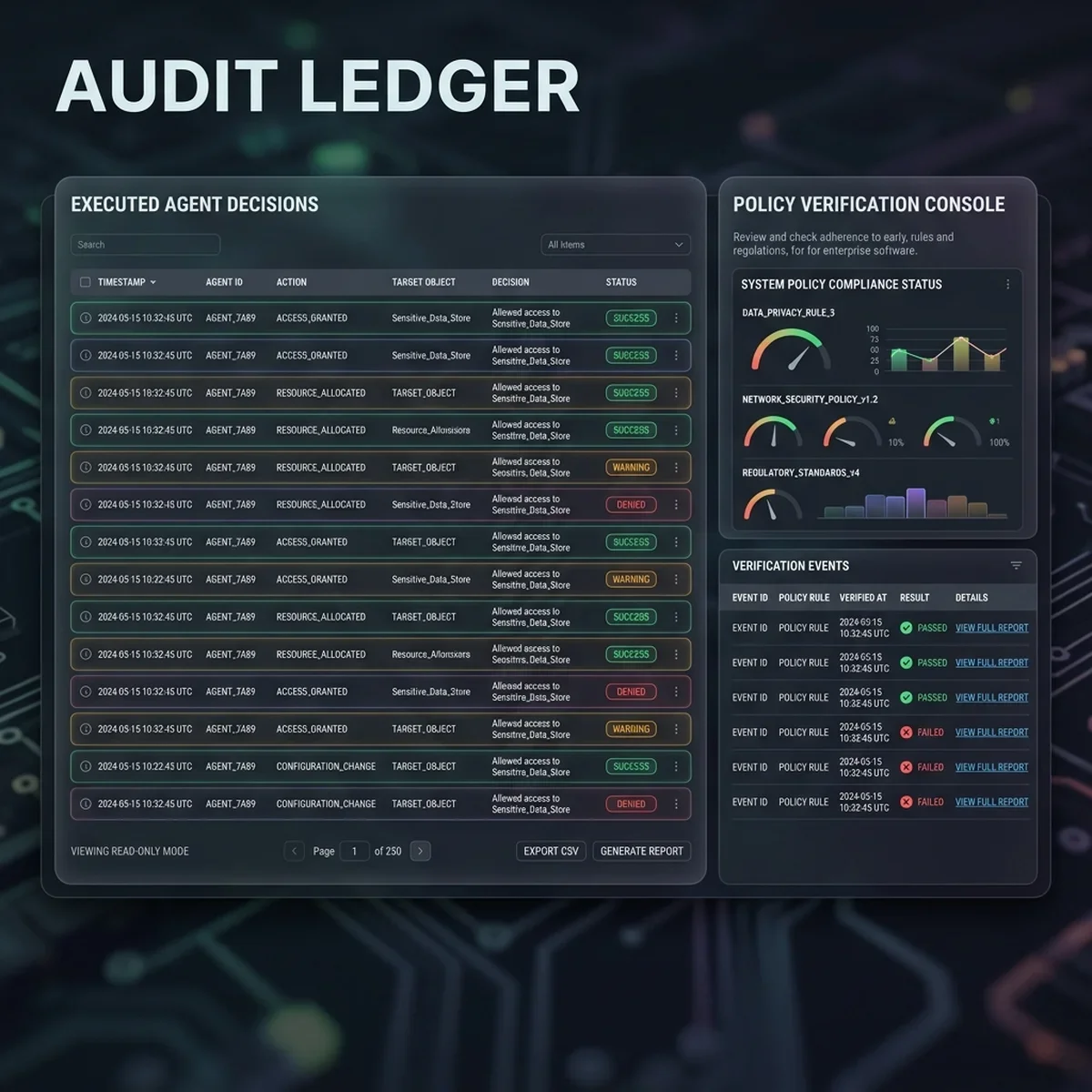Audit Ledger Console: The read-only system registry tracking agent transactions, executed purchase orders, and compliance check signatures. Audit Ledger UI Screenshot